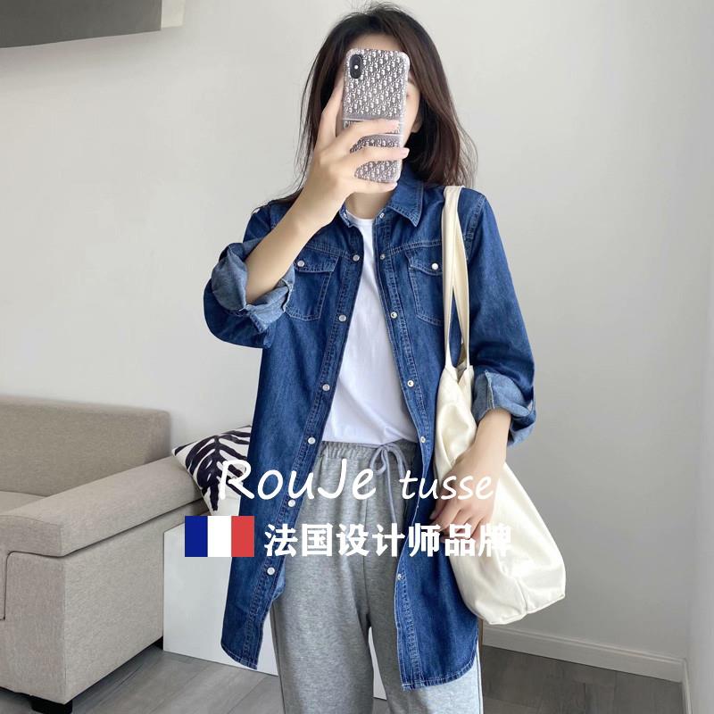 法国蓝色牛仔衬衫外套女春秋修身显瘦打底中长版大尺码长袖叠穿上