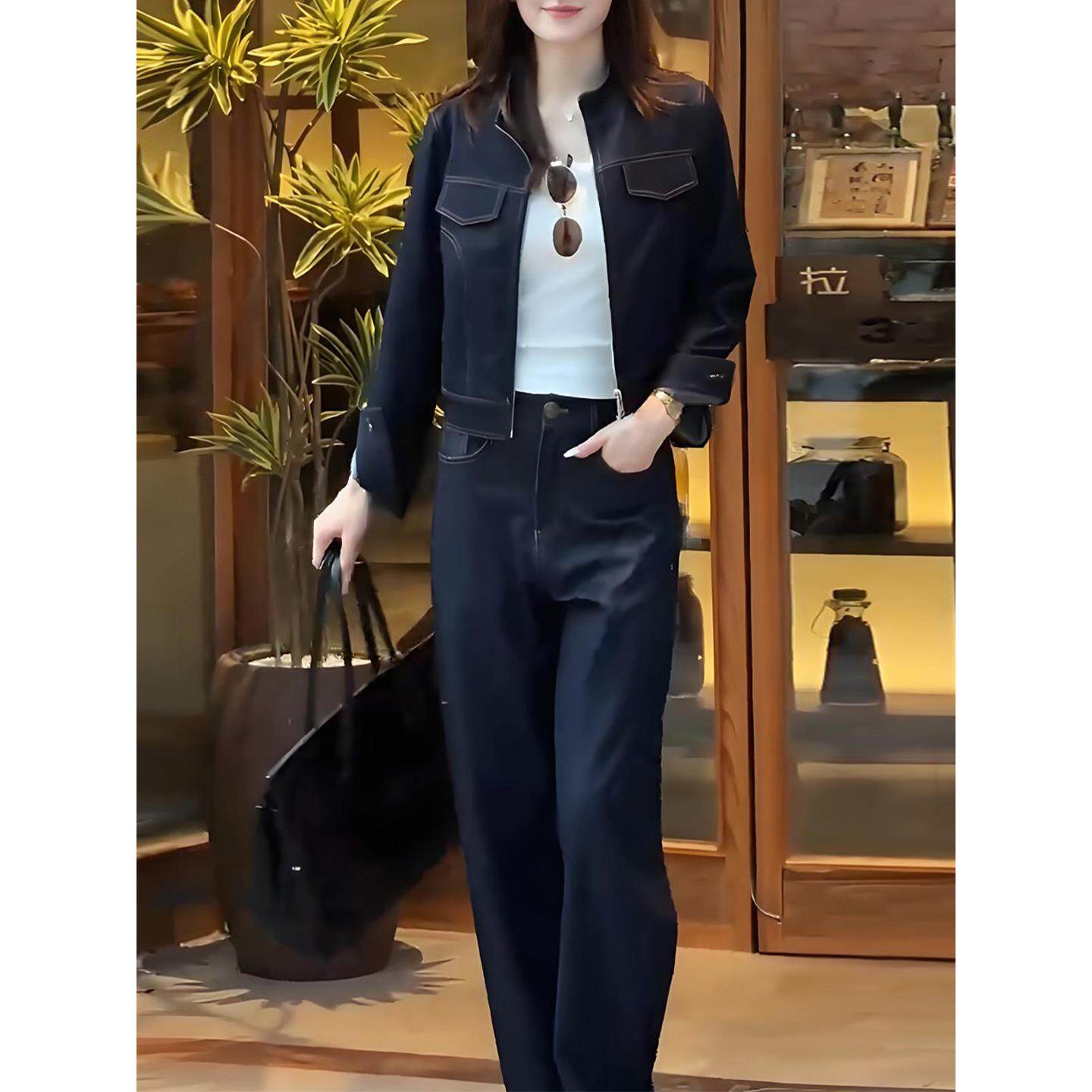 蓝色时尚牛仔套装女2025春秋新款覆古时髦短外套直筒阔腿裤两件套