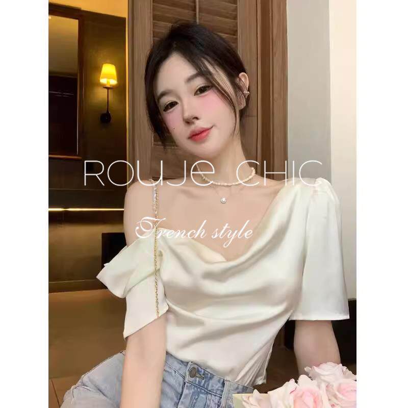 法国rouje chic法式设计感一字肩雪纺衬衫女夏季小众短款露肩上衣