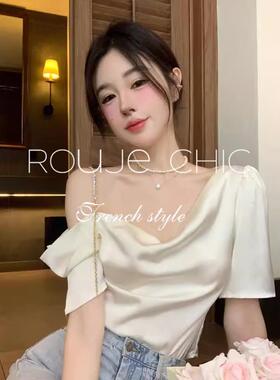 法国rouje chic法式设计感一字肩雪纺衬衫女夏季小众短款露肩上衣