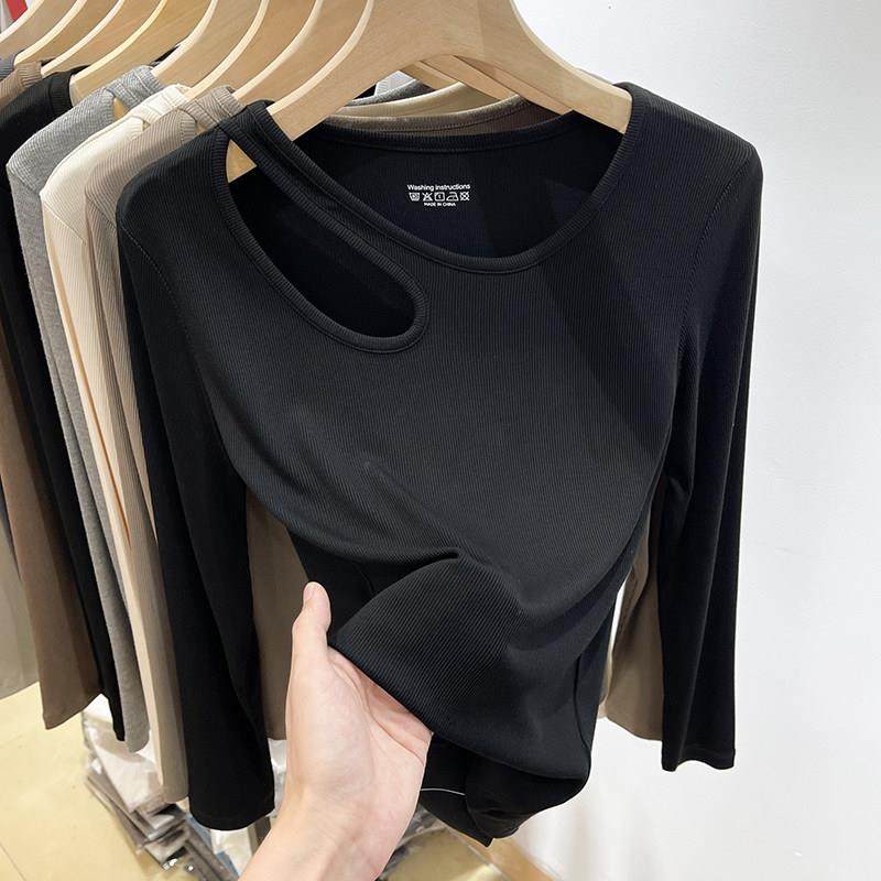 韩国斜领镂空锁骨长袖T恤女2025新款春秋修身洋派内搭打底衫上衣