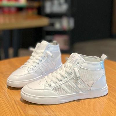 潮牌夏季网面透气真皮高帮小白鞋女2024新款一脚蹬不累脚旅游网鞋