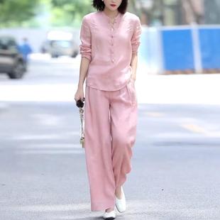 欧洲站棉麻2025年春秋款套装女两件套时尚气质休闲 运动亚麻宽裤