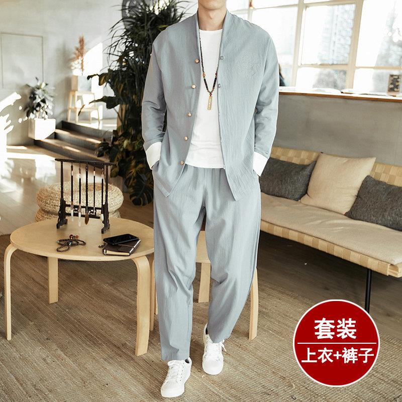 春秋季亚麻休闲套装男中国风唐装男装中式汉服中山装秋天道袍外套