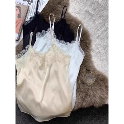 蕾丝缎面内搭吊带背心女真丝质感打底V领美背无袖上衣西装内搭