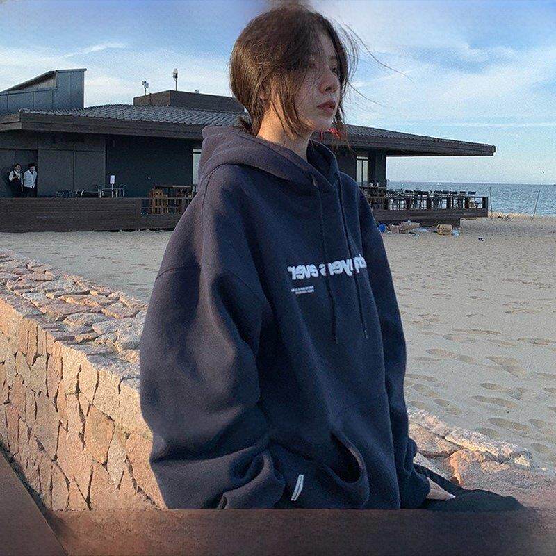 Rouje tusse2025秋冬藏蓝慵懒风连帽卫衣女韩版宽松加厚加绒上衣