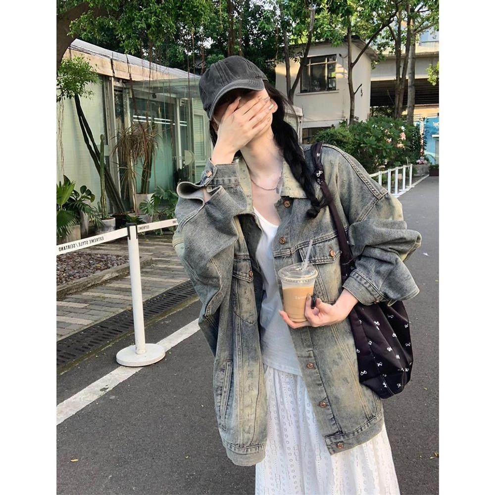 2025春秋新款水洗做旧牛仔外套女高街美式复古oversize中长款夹克