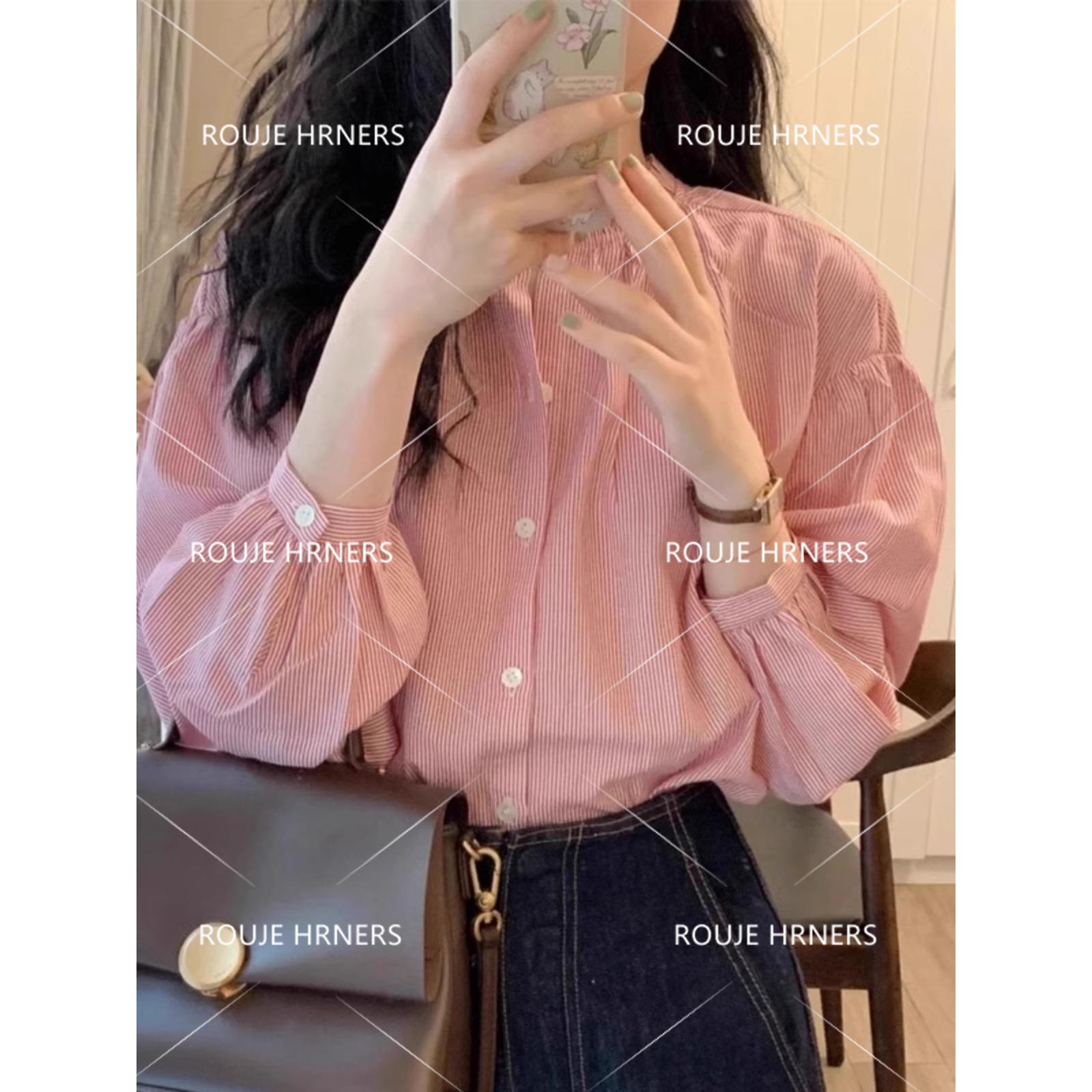 法国rouje hrners法式上衣女粉色条纹长袖衬衫宽松百搭薄款衬衣春