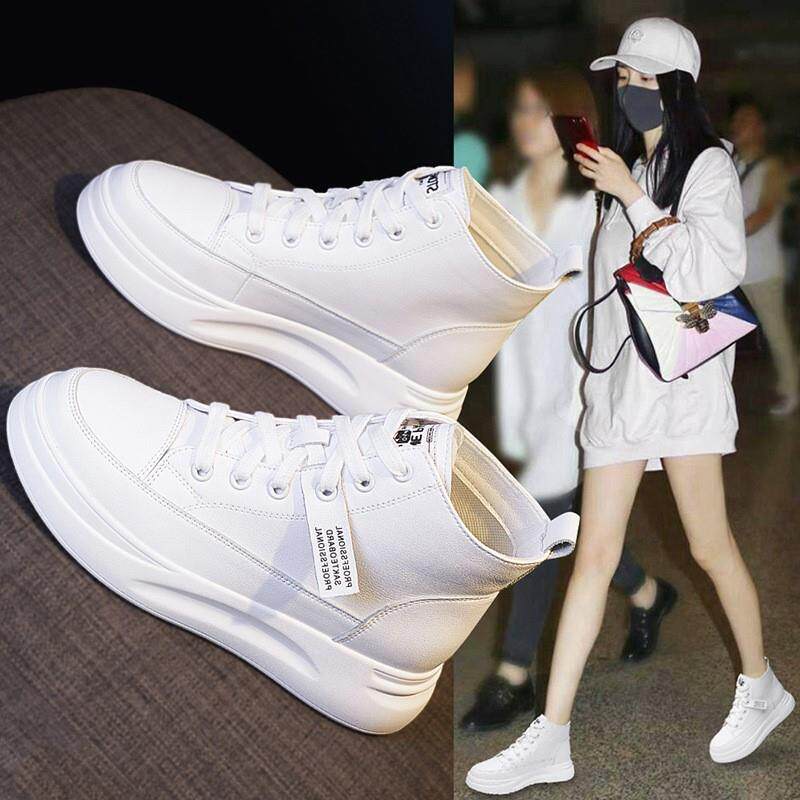 真皮高帮鞋女2024秋冬新款女鞋百搭厚底休闲加绒运动松糕小白鞋潮