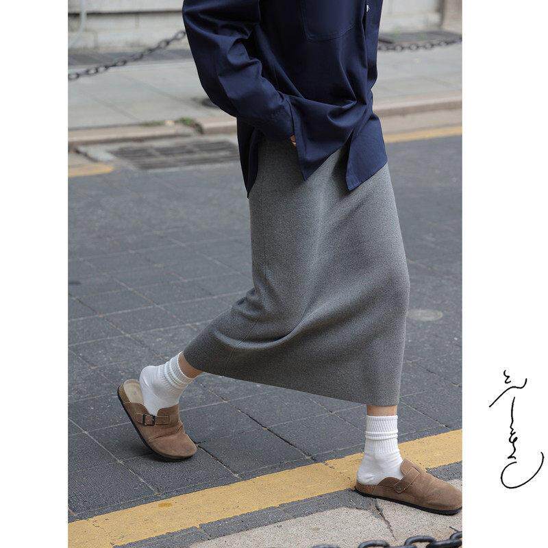 NextMary软糯针织羊毛裙半身裙秋冬高级感直筒包臀长裙女灰色半裙