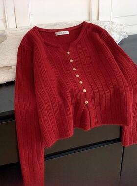 Rouje tusse红色v领短款羊绒毛衣女秋冬加厚内搭打底羊毛针织衫