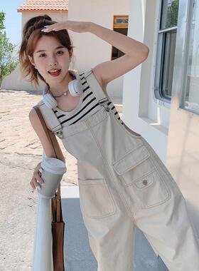 韩国小个子高腰工装背带裤女2025年春秋季新款宽松显瘦直筒连体裤