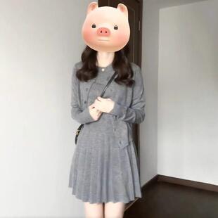 日系早秋季新款套装灰色气质连衣裙女韩系小个子开衫百褶裙三件套