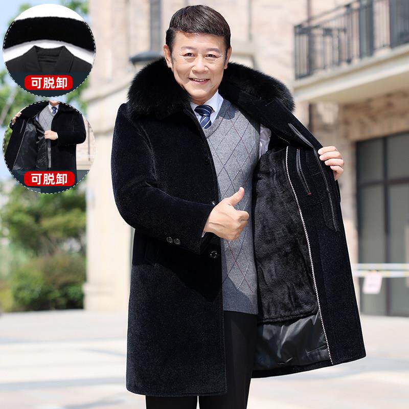 中老年羊毛呢大衣男爸爸冬装外套老年人棉衣加绒加厚呢子爷爷衣服