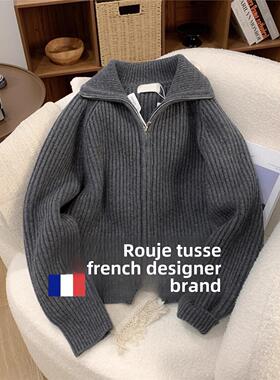 Rouje Tusse灰色开司米拉炼针织衫秋冬外衫宽松慵懒高领羊毛针织