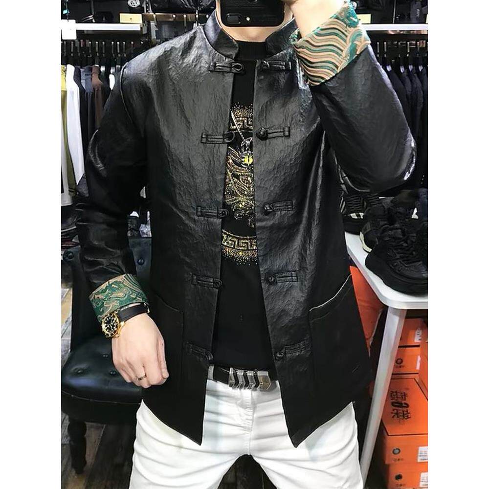 新中式皮衣夹克男士春秋季2025新款潮牌休闲立领国风唐装盘扣外套
