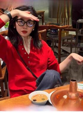 法国Rouje tusse红色毛衣女秋冬半开领撞色羊绒针织内搭v领羊毛衫