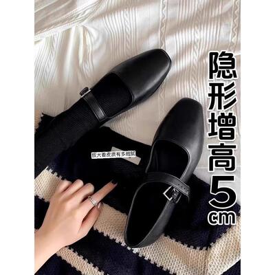 香港2025春季一字扣玛丽简鞋女式高底真皮平底黑豆豆鞋小皮鞋