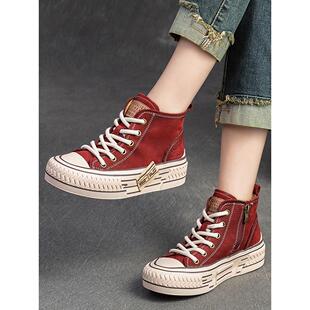 英国【设计师】美貌兼具 新款春秋高帮休闲头层牛皮增高真皮女鞋