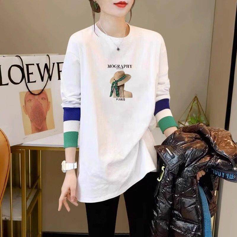 白色长袖t恤女春秋冬2024新款中长款遮屁股内搭加绒拼接打底衫潮