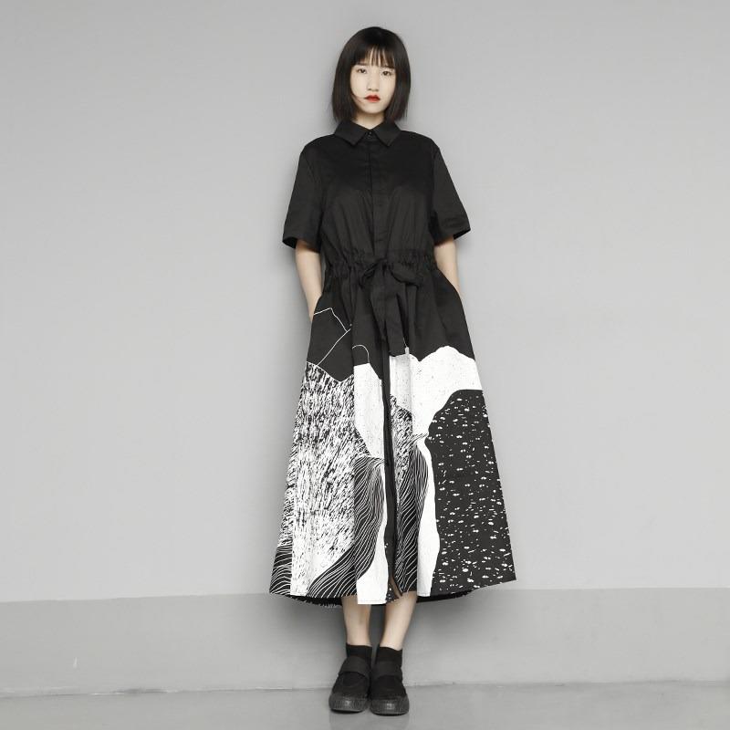 短袖衬衫连衣裙女2025夏季新款宽松大码显瘦中长款翻领印花大摆裙