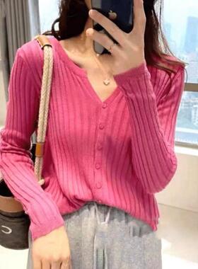 法国Rouje tusse气质V领修身条纹羊毛针织开衫薄款女短款羊绒毛衣