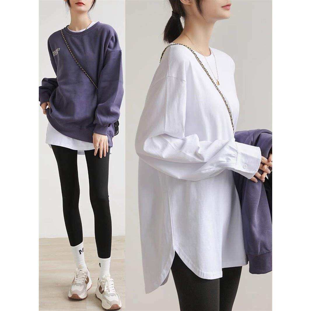 2025秋冬新款纯棉白色T恤女长袖中长款开叉高级感叠穿内搭打底衫