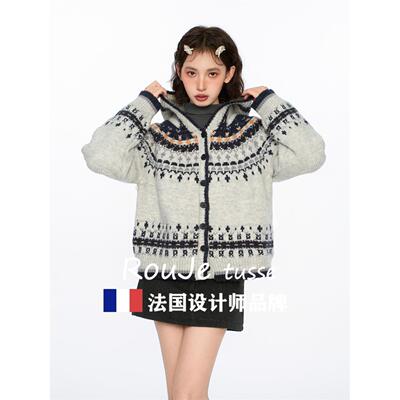 Rouje tusse费尔岛灰色连帽羊绒毛衣开衫宽松慵懒风加厚羊毛针织