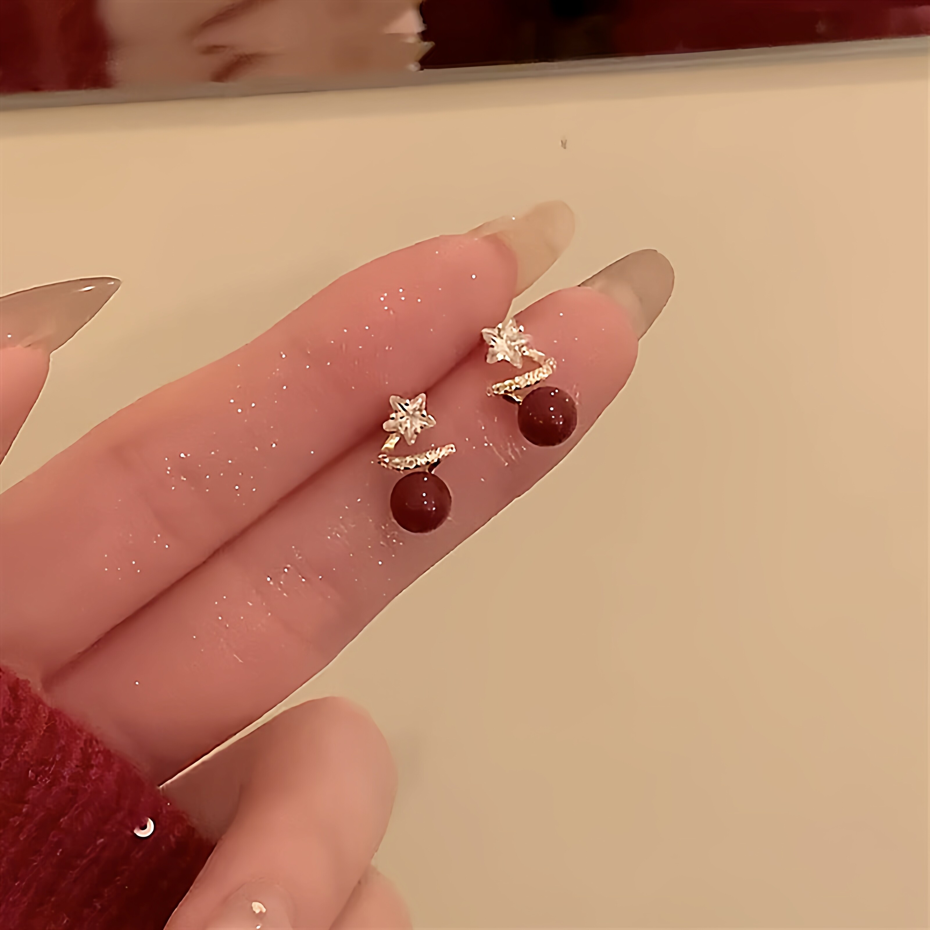 奥特莱斯专柜撤柜限时折扣清仓抢购甜美925银针五角星红珍珠耳钉