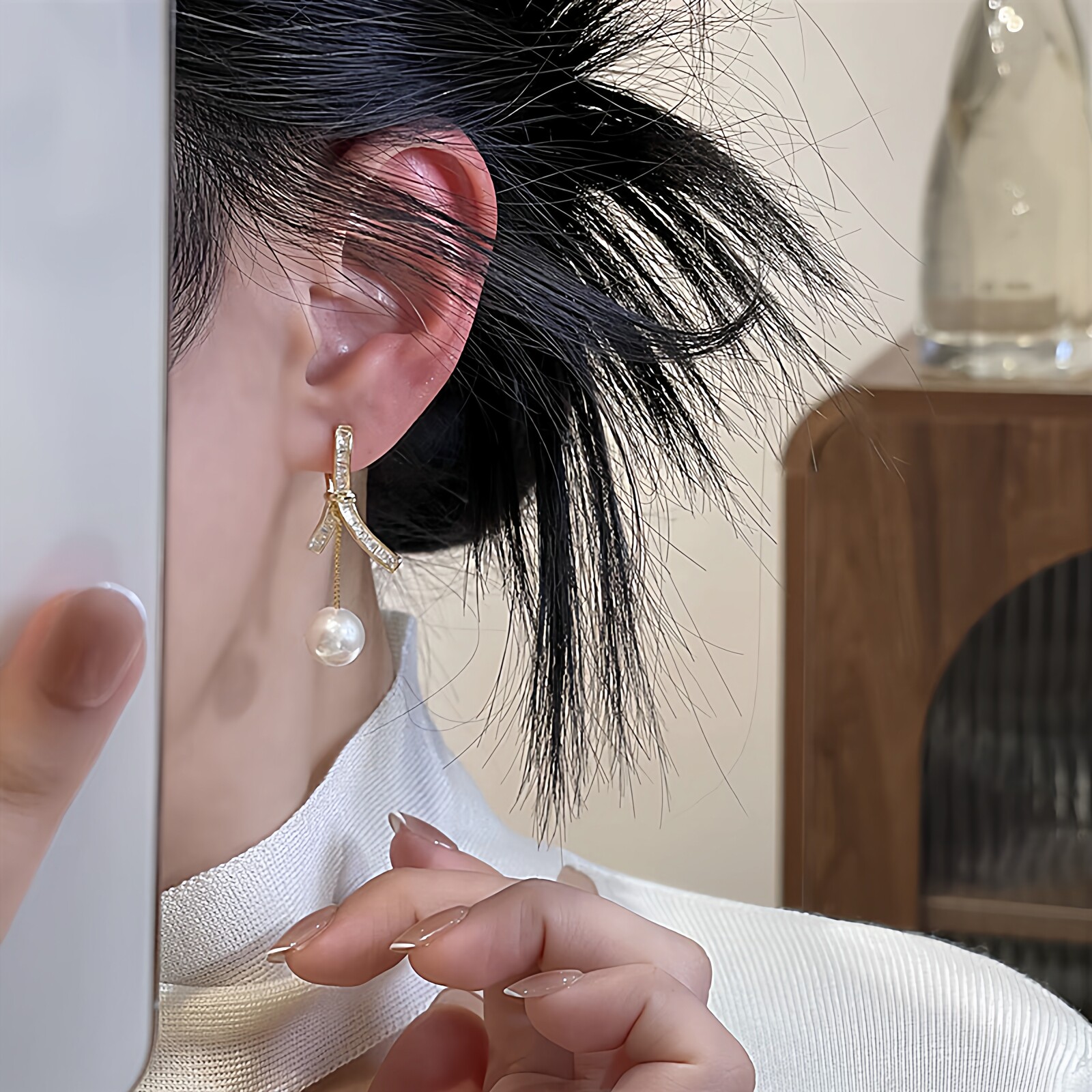 奥特莱斯专柜撤柜限时折扣清仓抢购925银针长款绳结飘带珍珠耳环