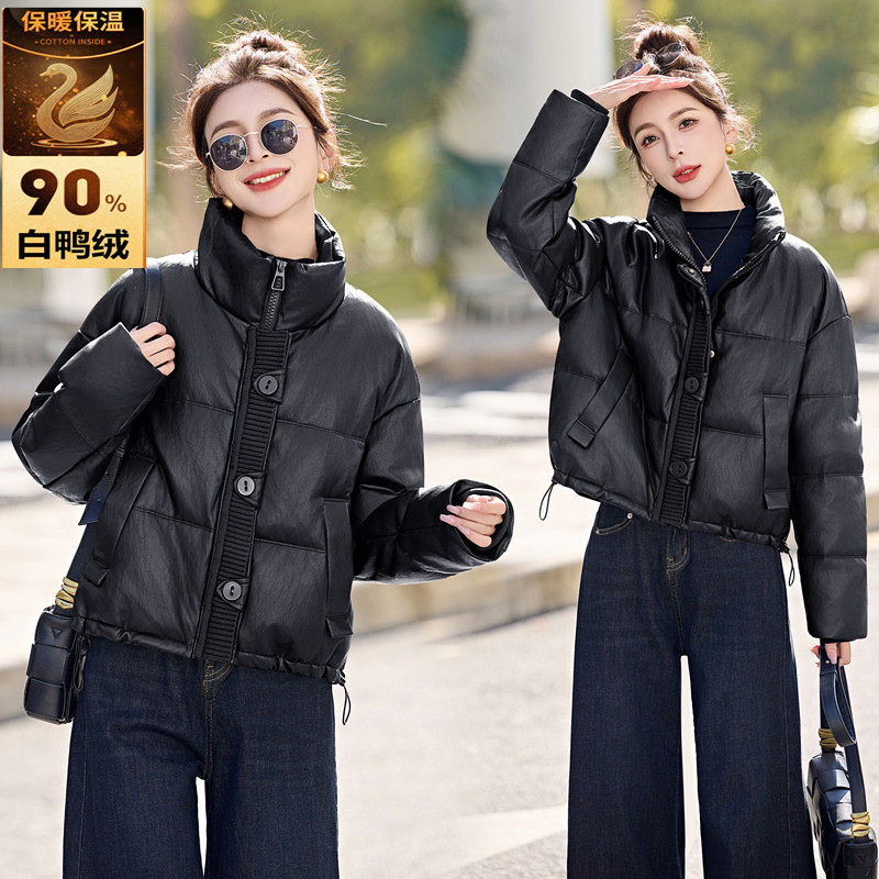 ERAL艾莱依短款PU皮羽绒服女立领加厚保暖白鸭绒时尚潮流宽松外套,女装/女士精品,羽绒服,淘宝优惠券,粉丝福利购,淘宝优惠卷