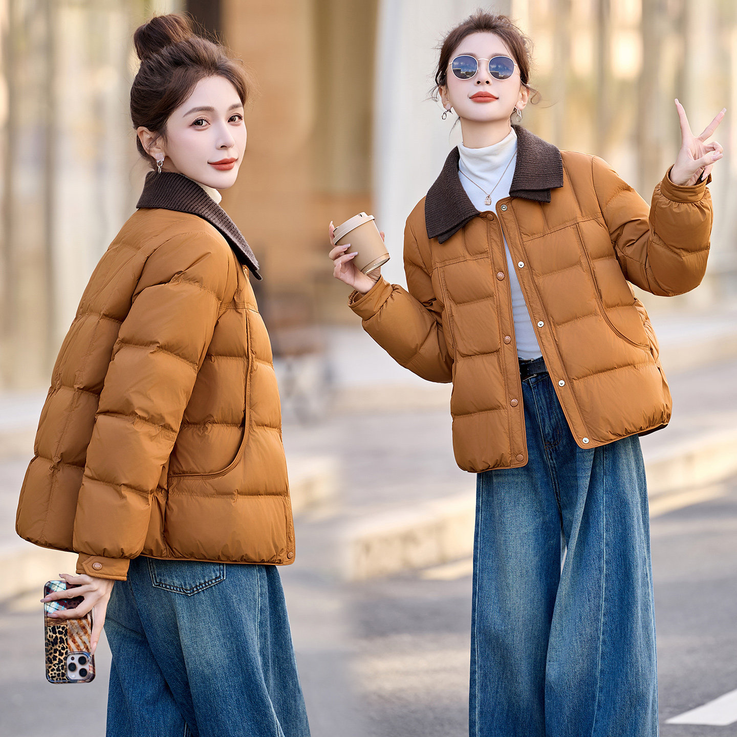 ERAL艾莱依短款羽绒服女白鸭绒冬季翻领宽松时尚洋气高级感外套