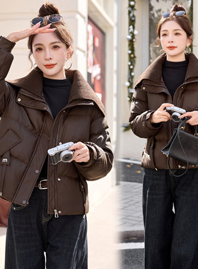 ERAL艾莱依翻领PU皮羽绒服女白鸭绒短款针织领加厚保暖外套冬季