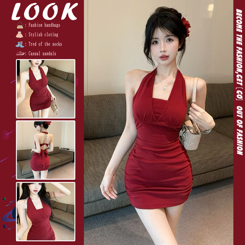 名媛风链条挂脖绑带晚礼服吊带裙女装夏季纯欲性感露背收腰连衣裙
