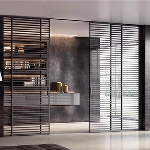 法式 格栅推拉门三联动厨房卧室衣柜会议室隔断铝合金玻璃吊轨移门