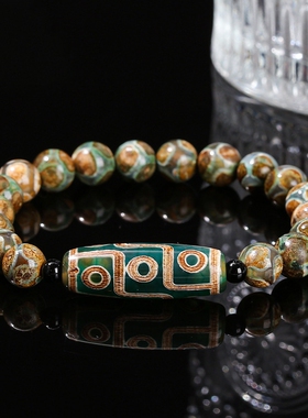 晶东珠宝 绿色九眼天珠长桶珠手链复古民族文玩单圈男女手饰批发