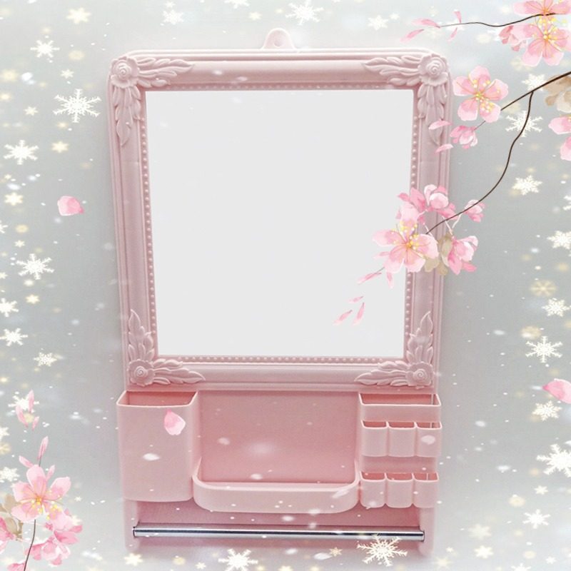 家用挂镜卫生间挂墙式免打孔镜简约塑料浴室置物梳妆台清新化妆镜