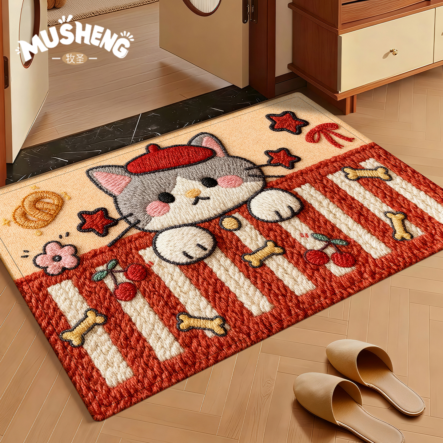 卡通风比利时绒入户门地垫高级感
