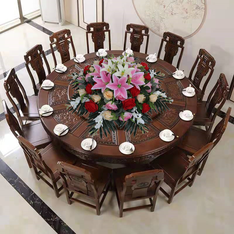 酒店餐桌花电动转盘花仿真花大圆桌中间摆花束塑料花轻奢桌面摆放