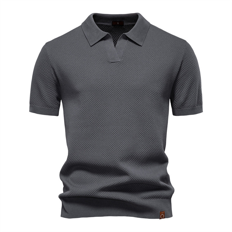 2026夏季纯色菠萝纹短袖针织polo衫男V领商务休闲上衣Men T-shirt