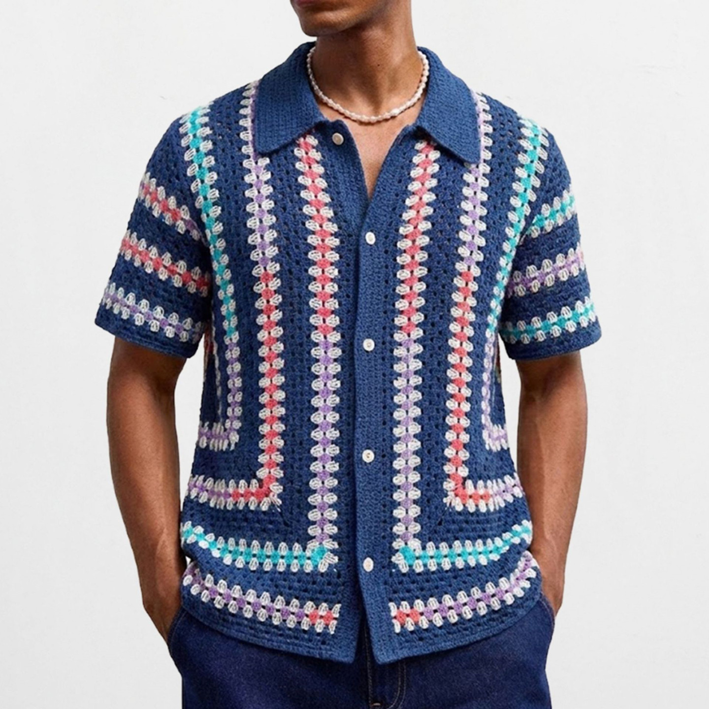 2026春夏复古条纹勾花针织polo衫男性感镂空短袖衬衣Men's shirts