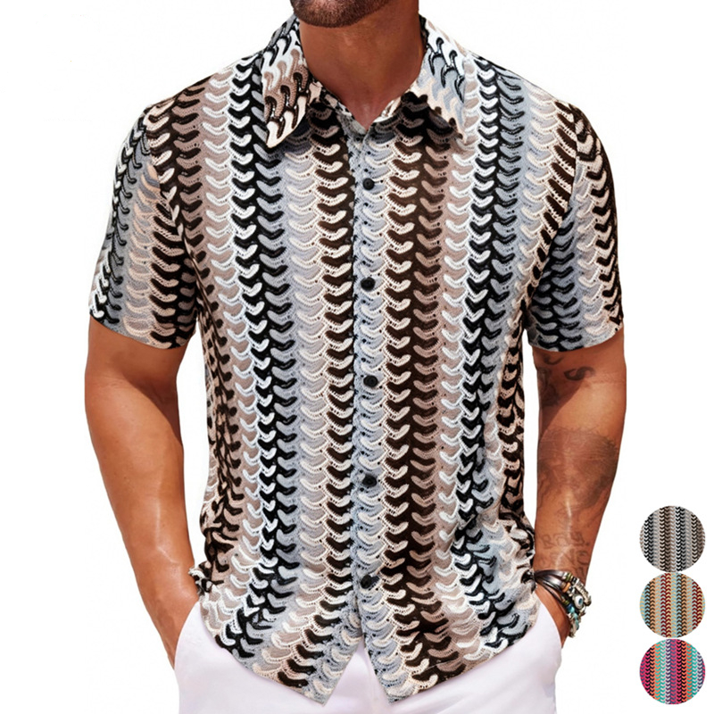 2025夏季新款欧美时尚拼色短袖衬衣男大码镂空透气衬衫 Men Shirt