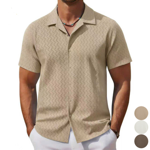 2026春夏美式 Men 衬衣男古巴领沙滩度假衬衫 shirts 纯色镂空短袖