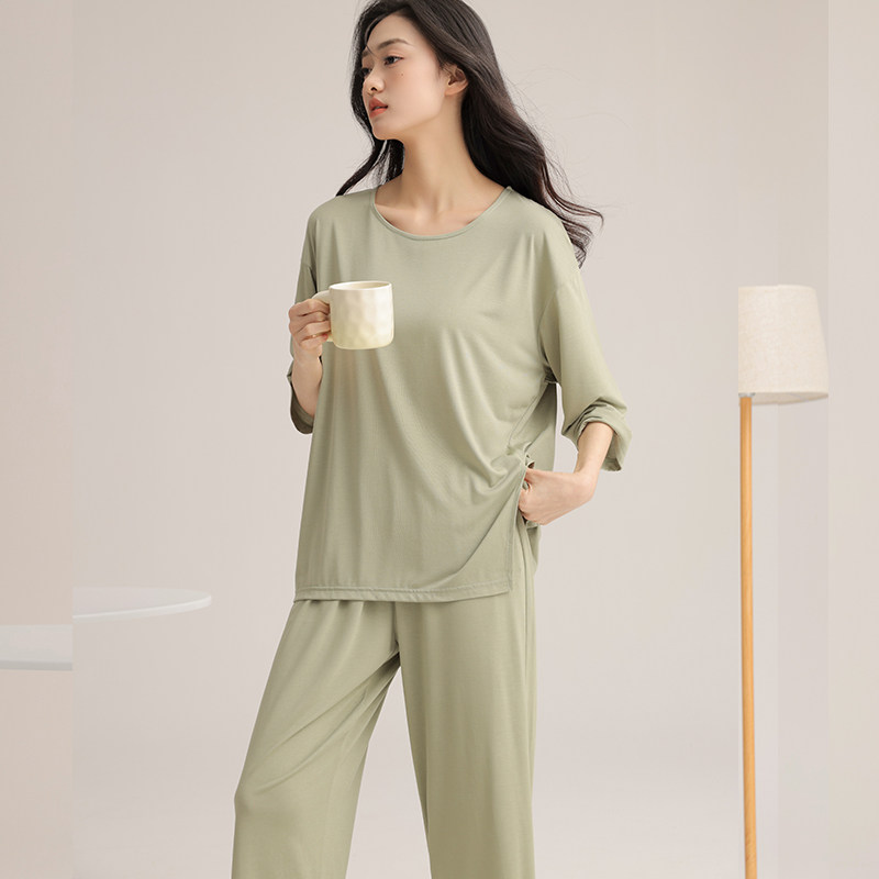 七分袖睡衣女款夏季薄款宽松半袖长裤夏天可外穿圆领家居服套装