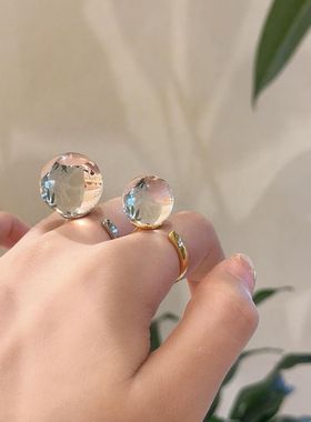 赵露思同款仿白水晶圆珠戒指巴西双A无杂质泡泡珠指环男女款首饰