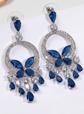 法式蓝色小蝴蝶流苏重工耳环微镶锆石晚宴礼服配饰925银针耳饰女