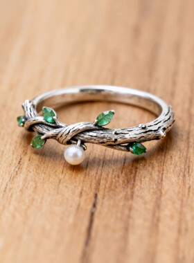 「森枝翠露」中古祖母绿彩宝珍珠戒指森系复古风小众精致指环首饰