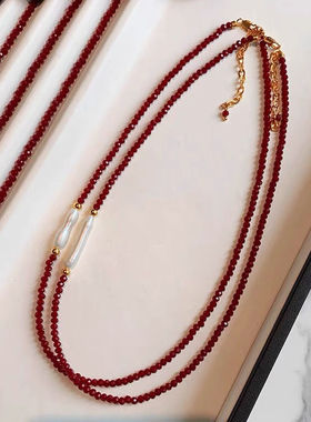 新中式仿巴洛克牙签珍珠安可拉红色串珠项链女法式复古轻奢锁骨链