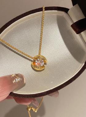 悬浮星球中古金色拉丝镶嵌皓石吊坠项链小众轻奢设计高级感锁骨链
