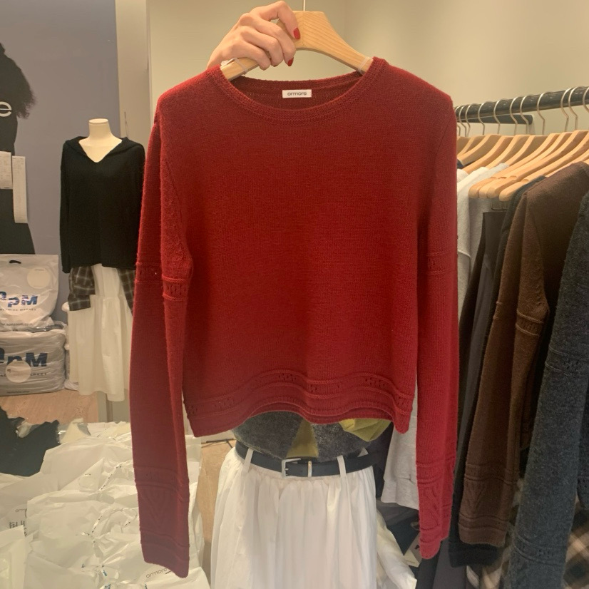 ORMORE韩国直邮东大门正品代购2025早秋新款针织套头红色毛衣女